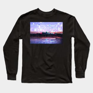 Glitched cyberpunk city skyline Long Sleeve T-Shirt